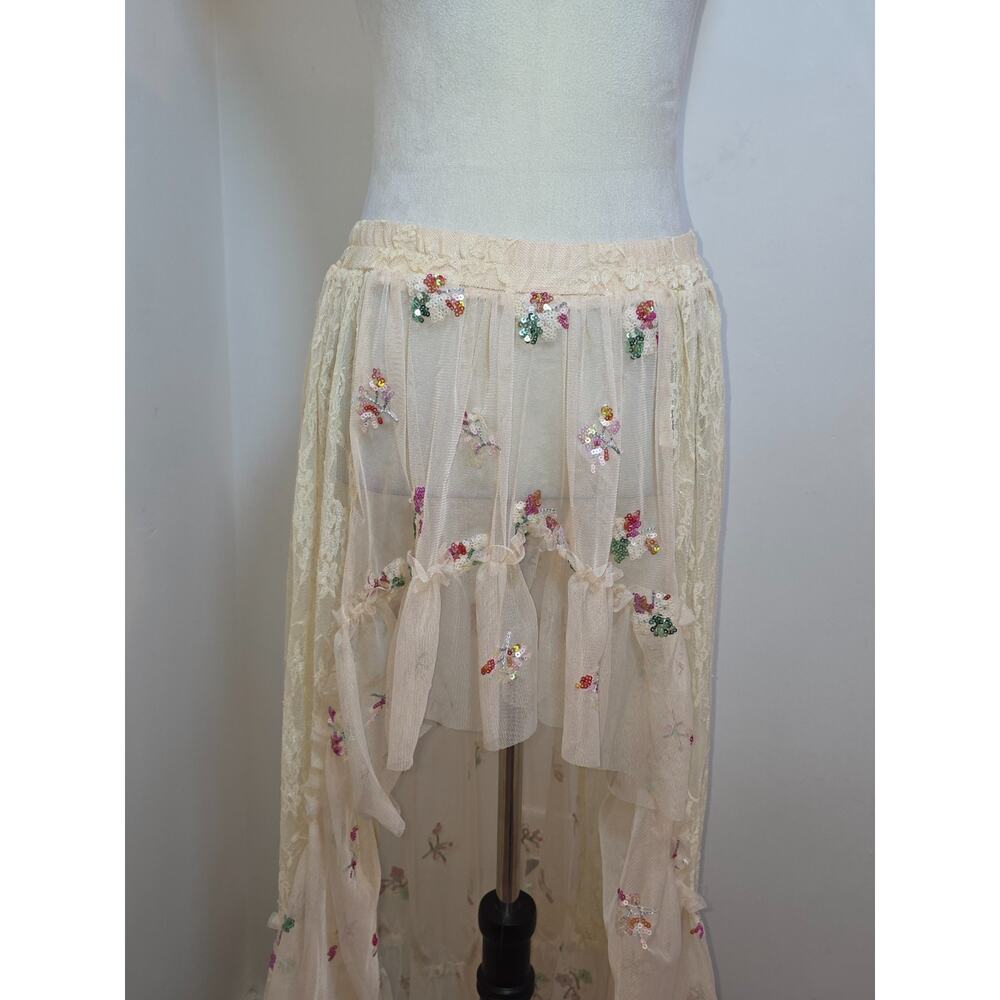 Sheer Skirt Small Cream Lace Embroidery Floral Whimsical Fairy Festival Keilah - Picture 4 of 10